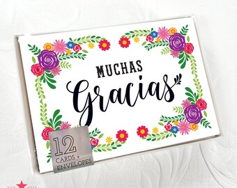 Mexican Floral Embroidery Fiesta Muchas Gracias Thank You Note Cards + Kraft Envelopes
