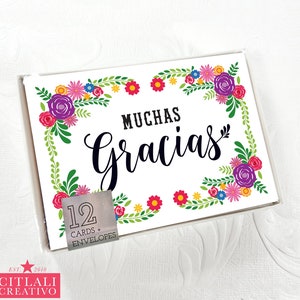 Mexican Floral Embroidery Fiesta Muchas Gracias Thank You Note Cards + Kraft Envelopes