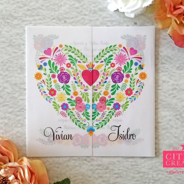 Mexican Embroidery Inspired Card + Translucent Folder | XV Quinceañera Birthday or Wedding Invitations - Heart Florals Vellum