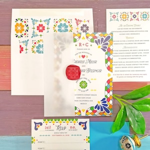 Talavera Spanish Tile Wedding Invitations Wax Seal Vellum Wrap, Printed Invites with Colorful Tiles