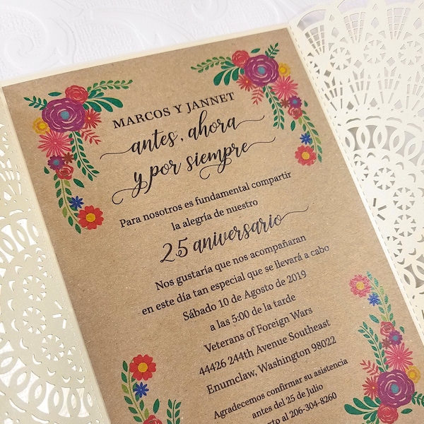 Mexican Embroidery Flowers Inspired Laser Cut Doily Wedding Invitations Kraft florals Laser Folder