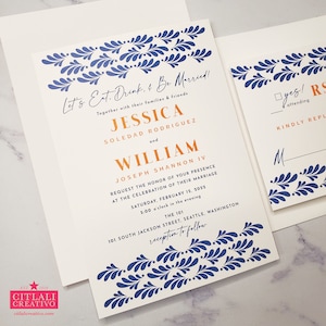 Talavera Spanish Tile Wedding Invitations, Printed Invites with Talavera Inspired Blue Flourishes - Simple package