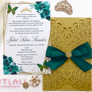 Gold Laser Cut Butterfly Invitations | Emerald Green XV Quinceañera Birthday Invitations
