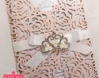 Quinceañera XV Rhinestone Crown Tiara Light Pink Laser Cut & Gold Glitter Invitations | Princess Ribbon Ballet Pink