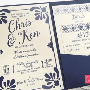 Talavera Spanish Tile Wedding Invitations, Navy Printed Invites in Navy Pocket Folder