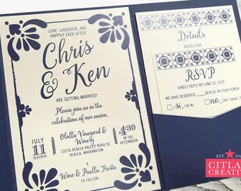 Talavera Spanish Tile Wedding Invitations, Navy Printed Invites in Navy Pocket Folder