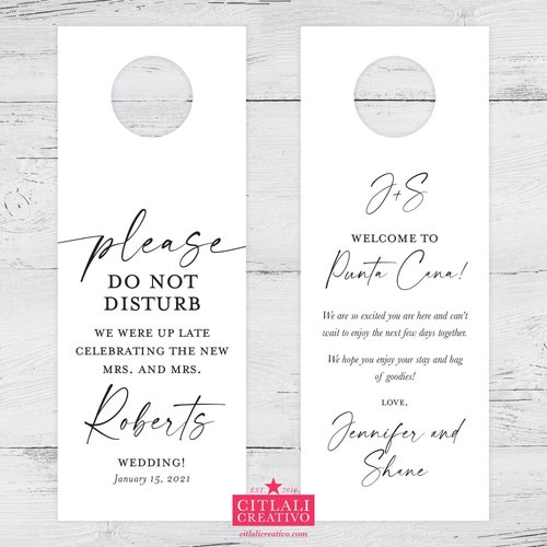 Minimal Script Wedding Door Hangers for Destination Events | Wedding Welcome Bag Itinerary | Shh Do Not Disturb Hotel Room Door Knob Sign