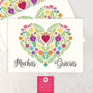 Floral Mexican Embroidery Inspired Heart Muchas Gracias / Thank you blank note cards | Spanish