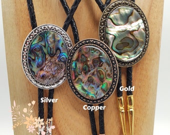 Abalone Bolo Tie - Wedding Bolo Tie - Custom Bolo Tie - Silver, Copper or Gold with Leather or  Vegan Cord -Abalone Paua Shell Bolo