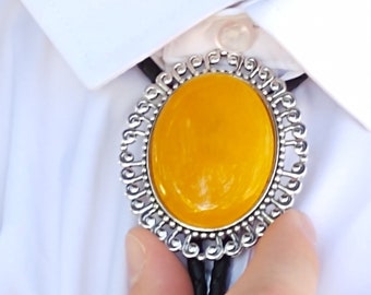 Custom Bolo Tie with Yellow Agate- Wedding Bolo Tie -Western Necktie -Silver or Gold You Pick with Leather or Vegan Cord, Tension Clasp