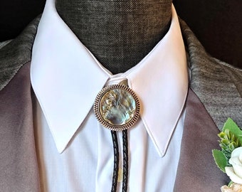 Custom Bolo Tie with Abalone  -Wedding Bolo Ties -Silver, Gold or Copper with  Leather or Vegan Cord - Round Up Bolo Tie -Gifts