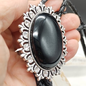 Custom Bolo Tie with Black Onyx Gemstone- Black Wedding Tie -Men&#39;s Bolo Tie - Gold or Silver with Black Stone Bolo Tie Leather or Vegan