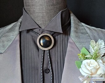 Custom Bolo Tie with Black Onyx  -Wedding Bolo Ties -Silver, Gold or Copper with  Leather or Vegan Cord - Round Up Bolo Tie -Wedding