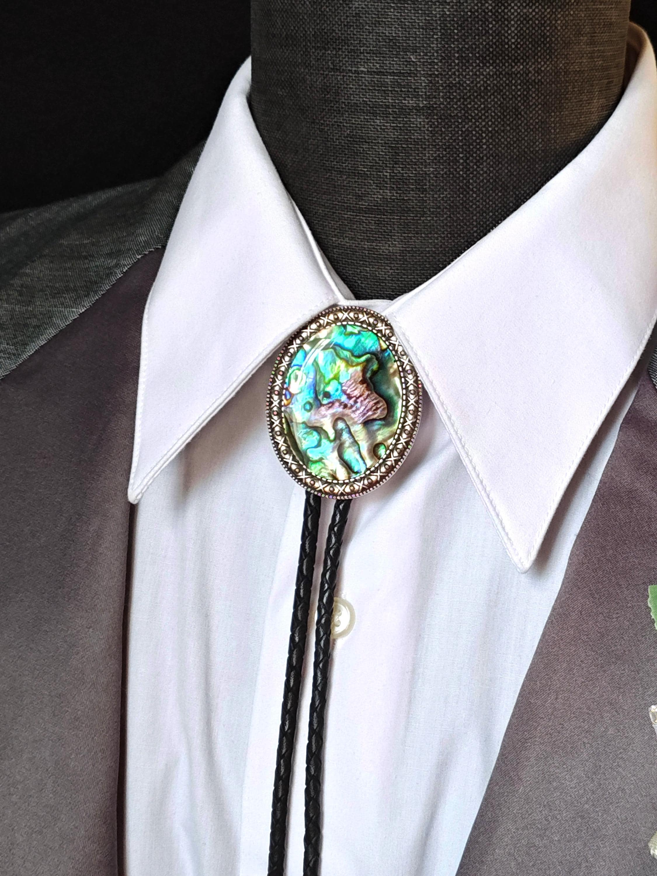 Abalone Bolo Tie - Wedding Bolo Tie - Custom Bolo Tie - Silver, Copper or Gold with Leather or  Vegan Cord -Abalone Paua Shell Bolo