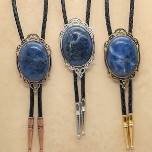 Custom Bolo Tie Blue Sodalite Gemstone- Wedding Bolo Tie - Blue Stone - Silver, Copper or Gold with Leather or  Vegan Cord, Boho Bolo Tie