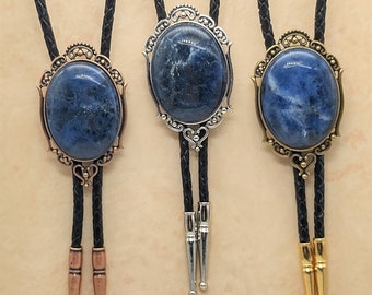 Custom Bolo Tie Blue Sodalite Gemstone- Wedding Bolo Tie - Blue Stone - Silver, Copper or Gold with Leather or  Vegan Cord, Boho Bolo Tie