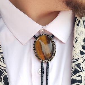 Custom Tigers Eye Bolo Ties -Wedding Bolo Tie -Western Necktie -Silver or Gold -Black Leather or Vegan Cord - Brown Agate - Gemstone Jasper