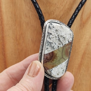 Big Silver Bolo Tie with Tube Agate and Jasper - Sterling Silver Bolo Ties - OOAK Silversmith - Agate Bolo Ties -Western Accessories