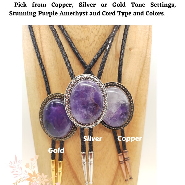 Custom Amethyst Bolo Tie with Purple Amethyst -Custom Wedding Bolo Tie - Silver, Copper or Gold Settings with Leather or Vegan Cord