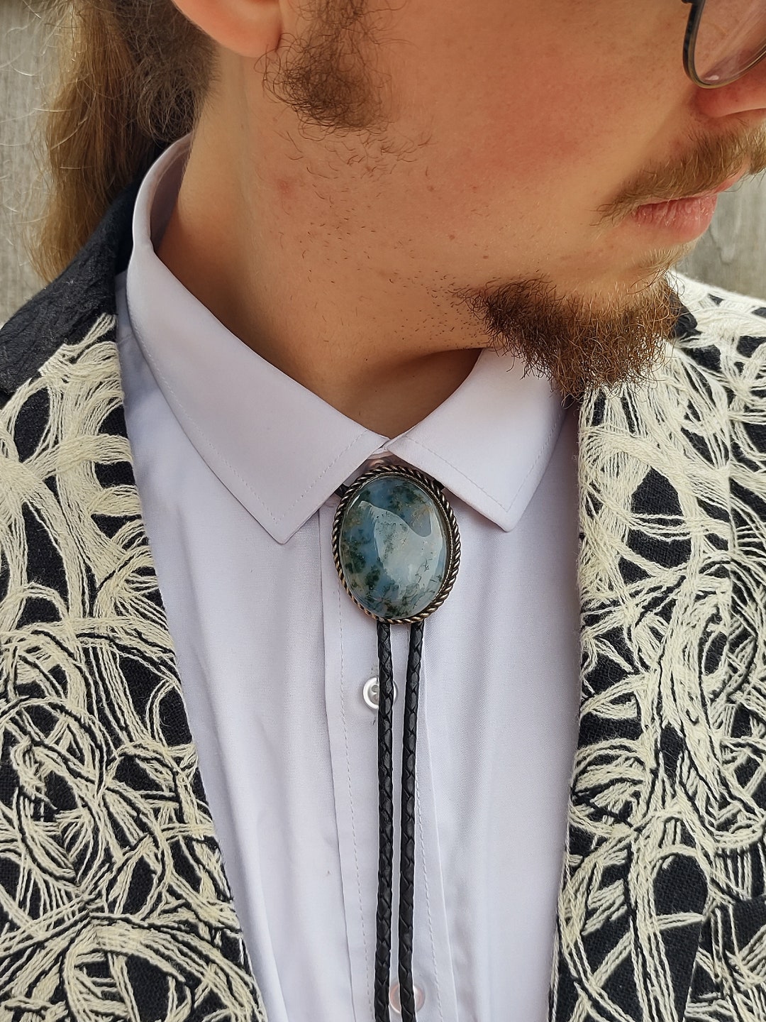 Custom Bolo Tie With Moss Agate Custom Wedding Tie Men's Bolo Tie Gold