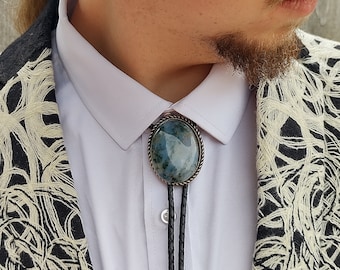 Custom Bolo Tie with Moss Agate- Custom Wedding Tie - Men&#39;s Bolo Tie  Gold or Silver  - Green Gemstone Bolo Tie -Western Necktie