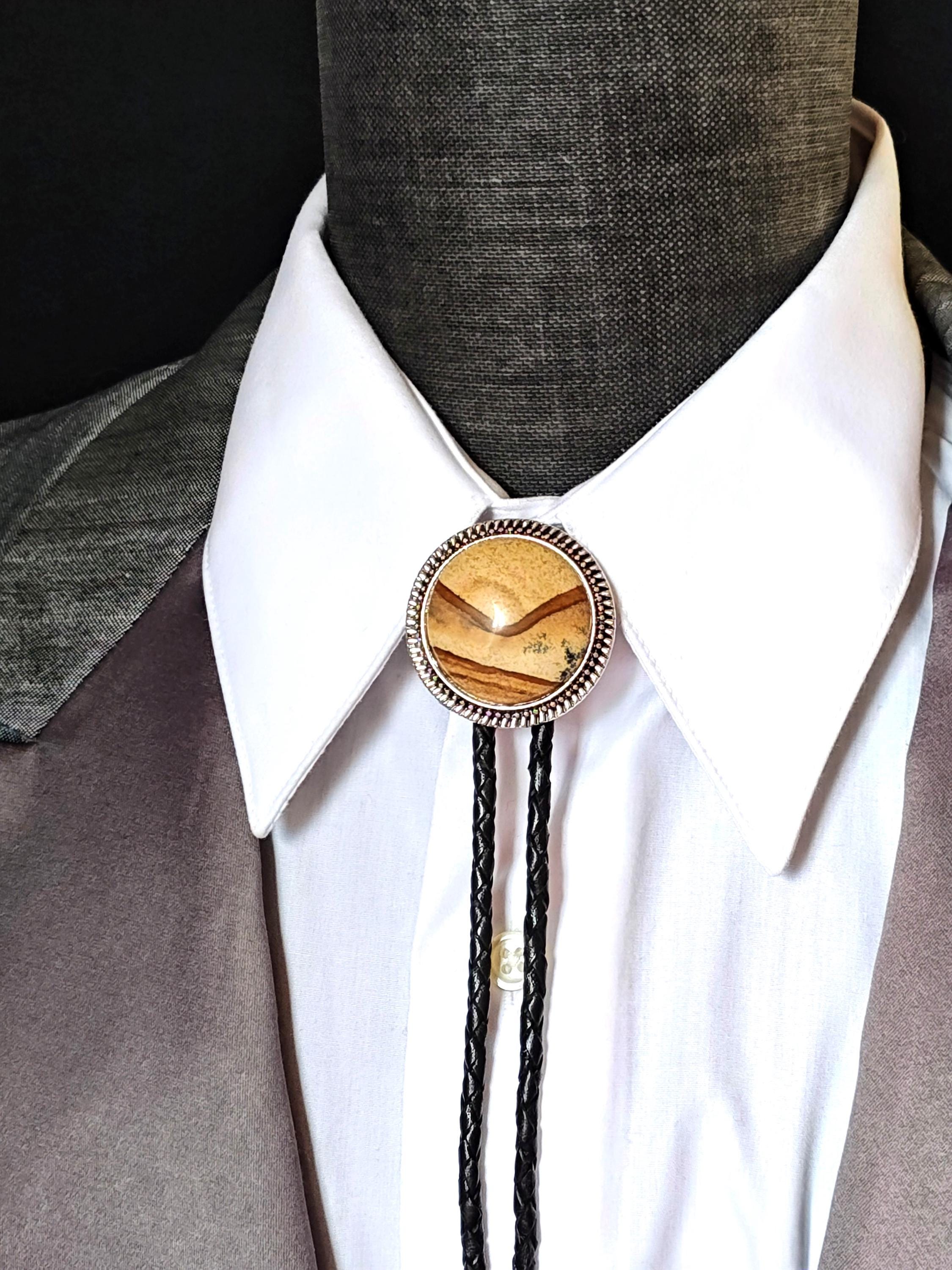 Custom Bolo Tie with Picture Jasper Stone -Wedding Bolo Ties -Silver, Gold or Copper with Leather or Vegan Cord - Round Up Bolo Tie -Gifts