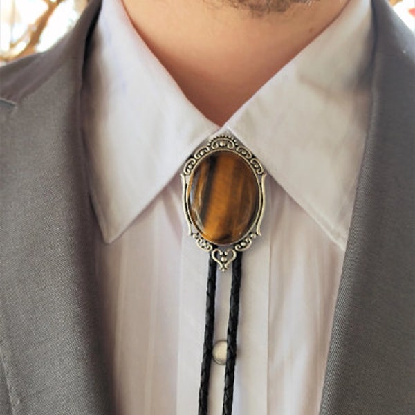 Custom Tiger's Eye Bolo Tie - Bolo Tie - Wedding Bolo Tie - Brown Stone Bolo - Silver, Copper or Gold with Leather or  Vegan Cord