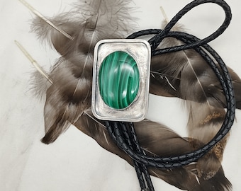 Malachite & Sterling Silver Bolo Tie -Silversmith Handmade - Men's Bolo Tie - Western Cowboy - Women's Bolo Ties - Gemstone Bolo Ties