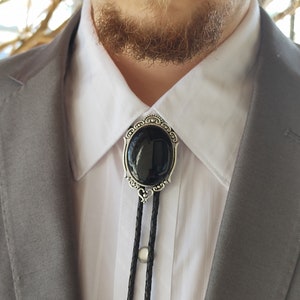 Black Onyx Bolo Tie Custom Black Bolo Ties Wedding Bolo Tie Black Stone Bolo Tie Silver, Copper or Gold with Leather or Vegan Cord image 1