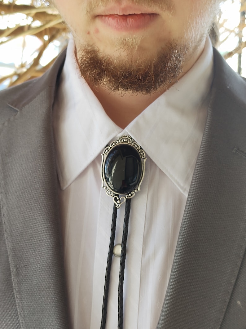 Black Onyx Bolo Tie Custom Black Bolo Ties Wedding Bolo Tie Black Stone Bolo Tie Silver, Copper or Gold with Leather or Vegan Cord image 1