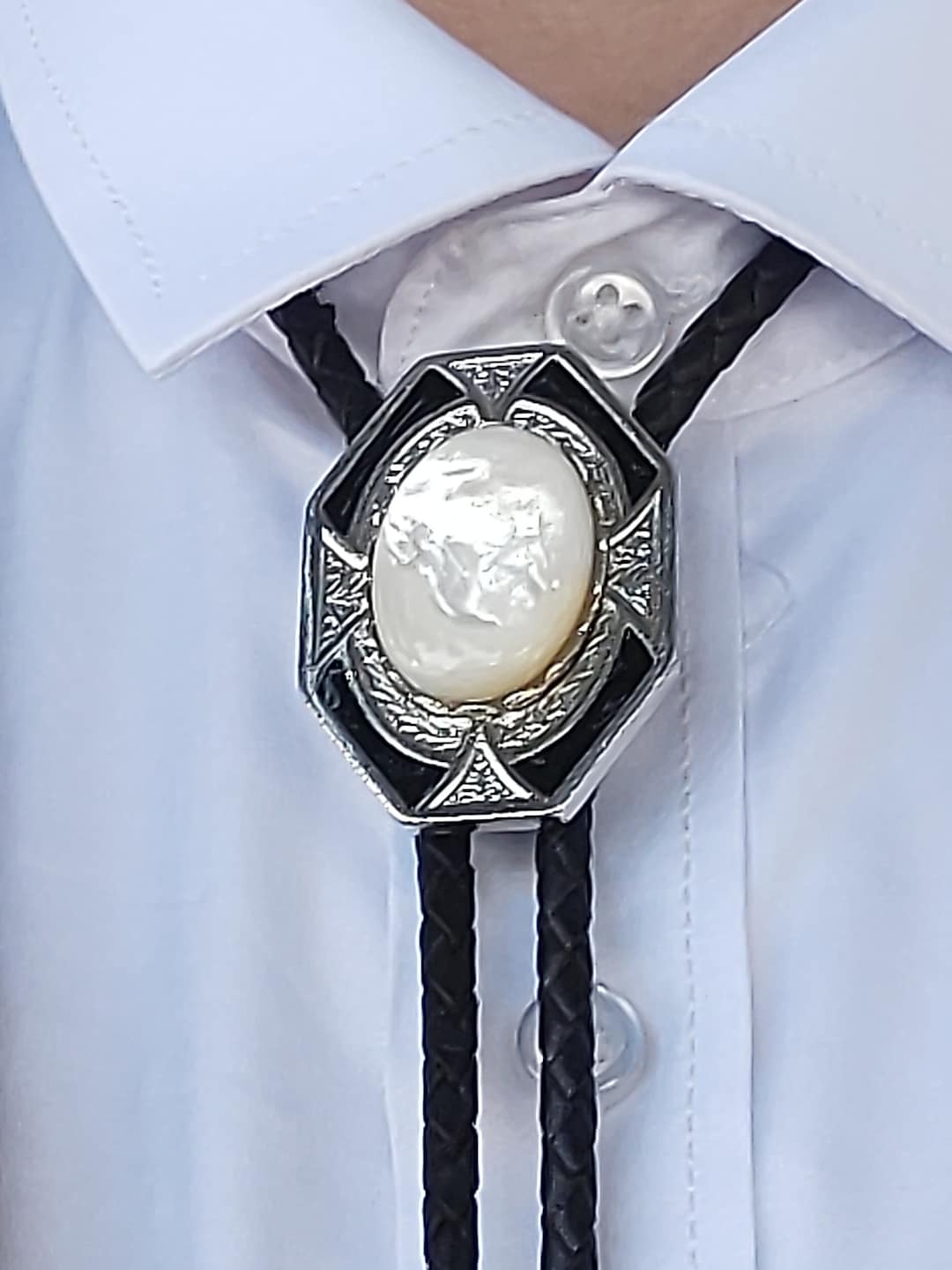 Custom Bolo Tie With Mother of Pearl wedding Bolo Tie Silver, Gold, Copper White Gemstone Bolo