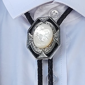 Custom Bolo Tie with Mother Of Pearl -Wedding Bolo Tie - Silver, Gold, Copper - White Gemstone Bolo Tie - Pearl Bolo Tie - Vegan Bolo Ties