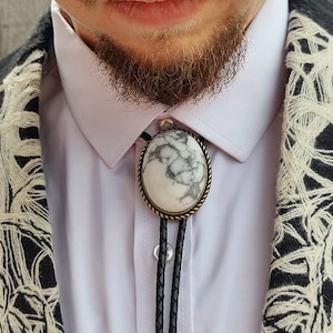 Custom Bolo Tie with White Howlite Gemstone Agate- Custom Wedding Tie - Men&#39;s Bolo Tie  Gold Silver Copper with White Stone Bolo Tie
