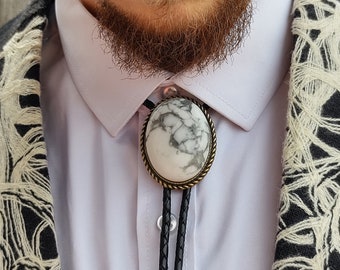 Custom Bolo Tie with White Howlite Gemstone Agate- Custom Wedding Tie - Men's Bolo Tie  Gold Silver Copper with White Stone Bolo Tie