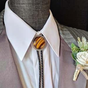 Custom Bolo Tie with Tiger&#39;s Eye Jasper  -Wedding Bolo Ties -Silver, Gold or Copper with  Leather or Vegan Cord - Round Up Bolo Tie -Gifts