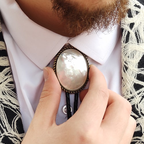 Custom Pearl Bolo Tie with Mother Of Pearl Gemstone- Classy Wedding Tie - Men's Bolo Tie  Gold or Silver White Stone Bolo Tie -Black Leather
