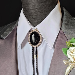Custom Black Onyx Bolo Tie -Customizable Wedding Bolo Tie - Yellowstone Silver, Copper or Gold Settings - Leather or Vegan Cord - Gift