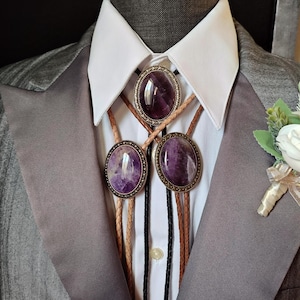Custom Amethyst Bolo Tie with Purple Amethyst -Custom Wedding Bolo Tie - Silver, Copper or Gold Settings with Leather or Vegan Cord