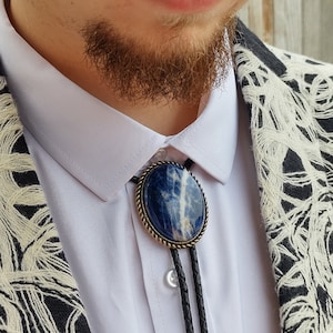 Custom Bolo Tie with Blue Sodalite- Wedding Bolo Tie - Blue Stone - Silver or Gold with Leather or  Vegan Cord, Boho Bolo Tie -Necktie