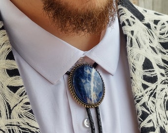 Custom Bolo Tie with Blue Sodalite- Wedding Bolo Tie - Blue Stone - Silver or Gold with Leather or  Vegan Cord, Boho Bolo Tie -Necktie