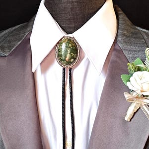 Custom Green Jasper Bolo Tie with Rainforest Jasper -Custom Wedding Bolo Tie - Silver, Copper or Gold Settings with Leather or Vegan Cord