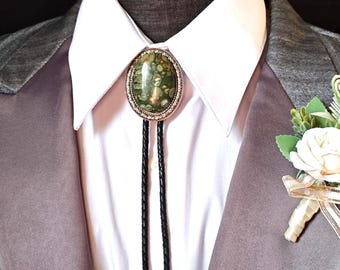 Custom Green Jasper Bolo Tie with Rainforest Jasper -Custom Wedding Bolo Tie - Silver, Copper or Gold Settings with Leather or Vegan Cord