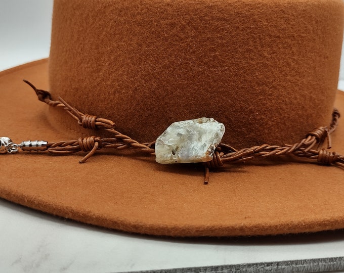 Barbed Wire Leather Hat Band With Plume Agate Stone Women's or Men's