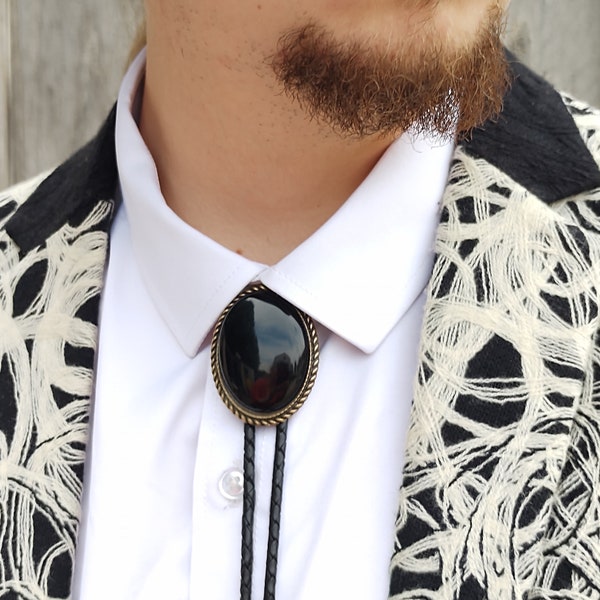 Custom Bolo Tie with Black Onyx Agate -Wedding  - Western Necktie -Silver or Gold with  Black or Brown Leather Vegan Cord Tension Clasp