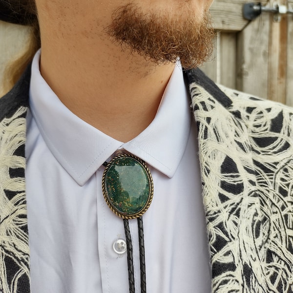 Custom Bolo Tie with Bloodstone Jasper-Wedding Bolo Tie -Western Necktie -Silver, Gold Customized with Leather or Vegan Cord, Tension Clasp