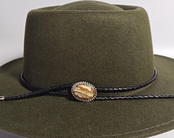 Cinta de cuero para sombrero vaquero con jaspe paisaje - Joyería para sombreros - Accesorios para sombreros - Cinta boho para sombrero - Regalo para vaqueras