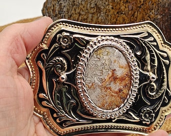 Men&#39;s Belt Buckle with Crazy Lace Agate Stone – Cowboy or Cowgirl Belt Buckle - Southwestern Inspired - Western Belt Buckle - Gift