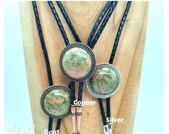 Custom Bolo Tie with Green Epidote  -Wedding Bolo Ties -Silver, Gold or Copper with  Leather or Vegan Cord - Green Round Up Bolo Tie