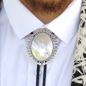 Custom Bolo Tie with Mother Of Pearl Gemstone- Custom Wedding Tie - Men&#39;s Bolo Tie  Gold Silver Copper with White Stone Bolo Tie