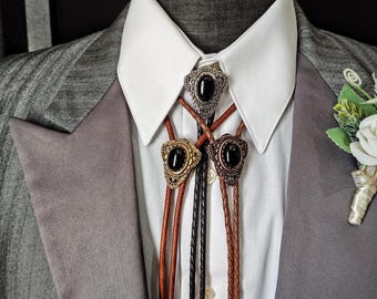 Black Onyx  Bolo Tie -Customizable Wedding Bolo Tie -Muldoon Silver, Copper or Gold Settings -Leather or Vegan Cord - Gift